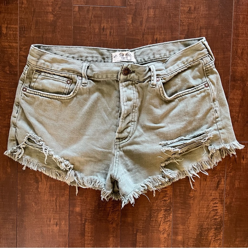 We the Free by Free People Olive Denim Cutoff Button Fly Shorts 30